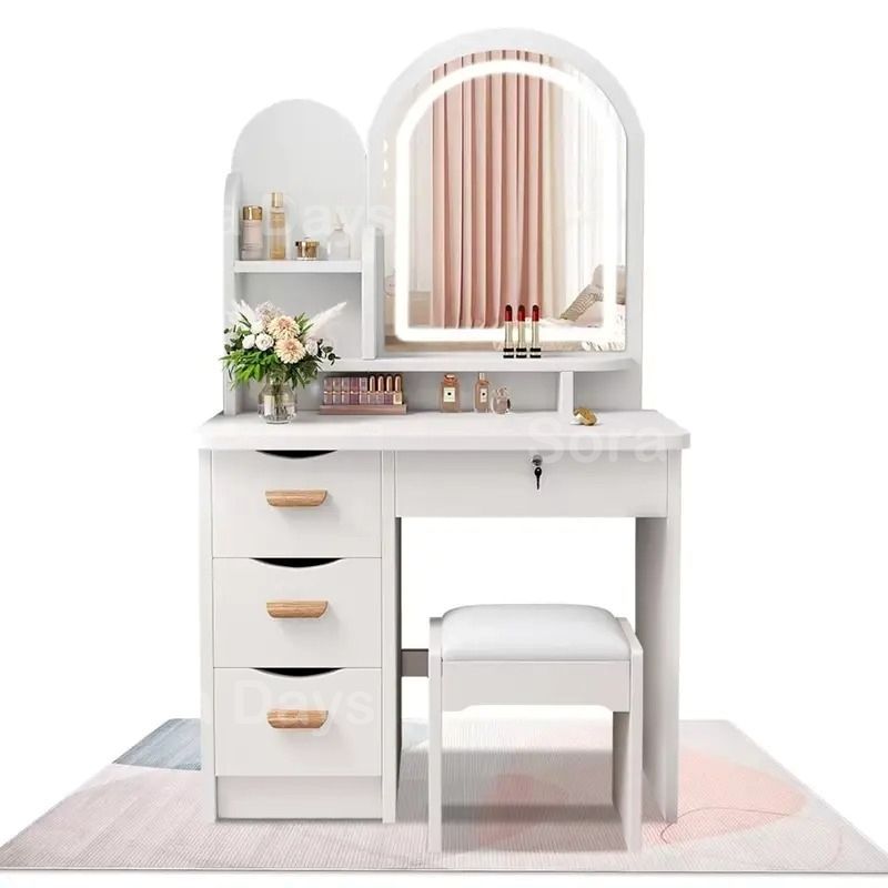 ドレッサー 80cmテーブル 大容量収納 3色LEDミラー 化粧台 スツール付き おしゃれ かわいい シンプル ナチュラル 感 インテリア 北欧 メイク台 木製 引き出し収納 デスクホワイト 80×38×136cm スツール 32×21.5×36cm MARWIL-DEMENAGEMENTS_CH
