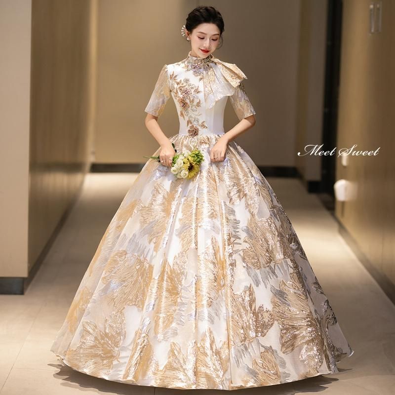 ドレス プリンセスライン ロングドレス ゴールド 半袖 アシンメトリー ウェディングドレス 結婚式 二次会 花嫁 前撮り 演奏会 発表会 ステージ衣装