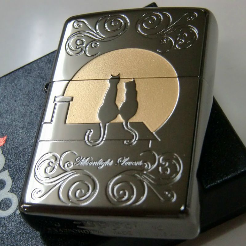 ZIPPO 月と猫 鏡面ブラック かわいい ネコジッポ オイルライター