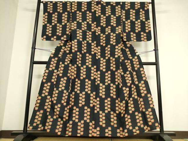 平和屋着物▽上質な小紋 単衣 紬地 格子 正絹 逸品 DAAT9477az