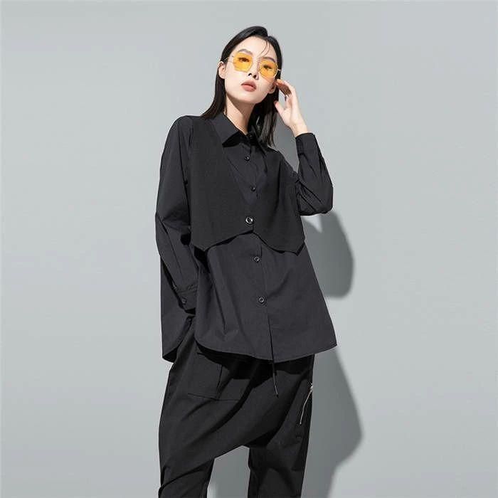 赤字覚悟!フェイクレイヤード シャツ レディース 配色 トップス ロングシャツ 春 秋 冬 デザイン 長袖 アシンメトリー 無地 個性的 ファッション ゆったり フェイクレイヤード シャツ レディース 配色 トップス ロング