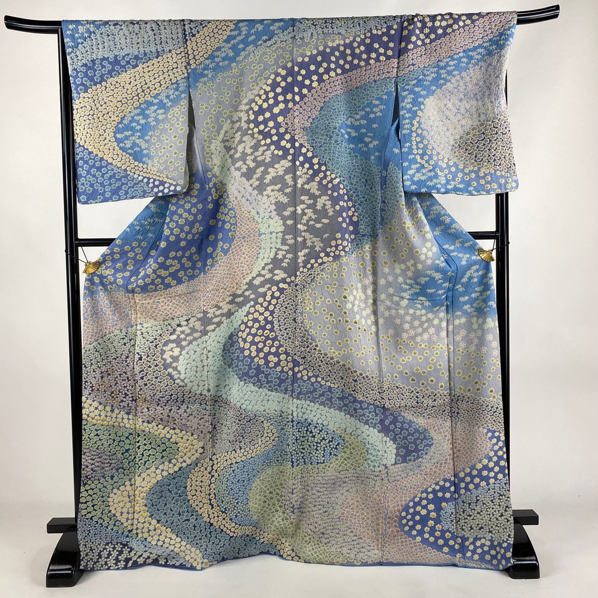 訪問着 身丈170cm 裄丈68.5cm L 袷 桜 流水 銀通し 絞り 青灰色 正絹  