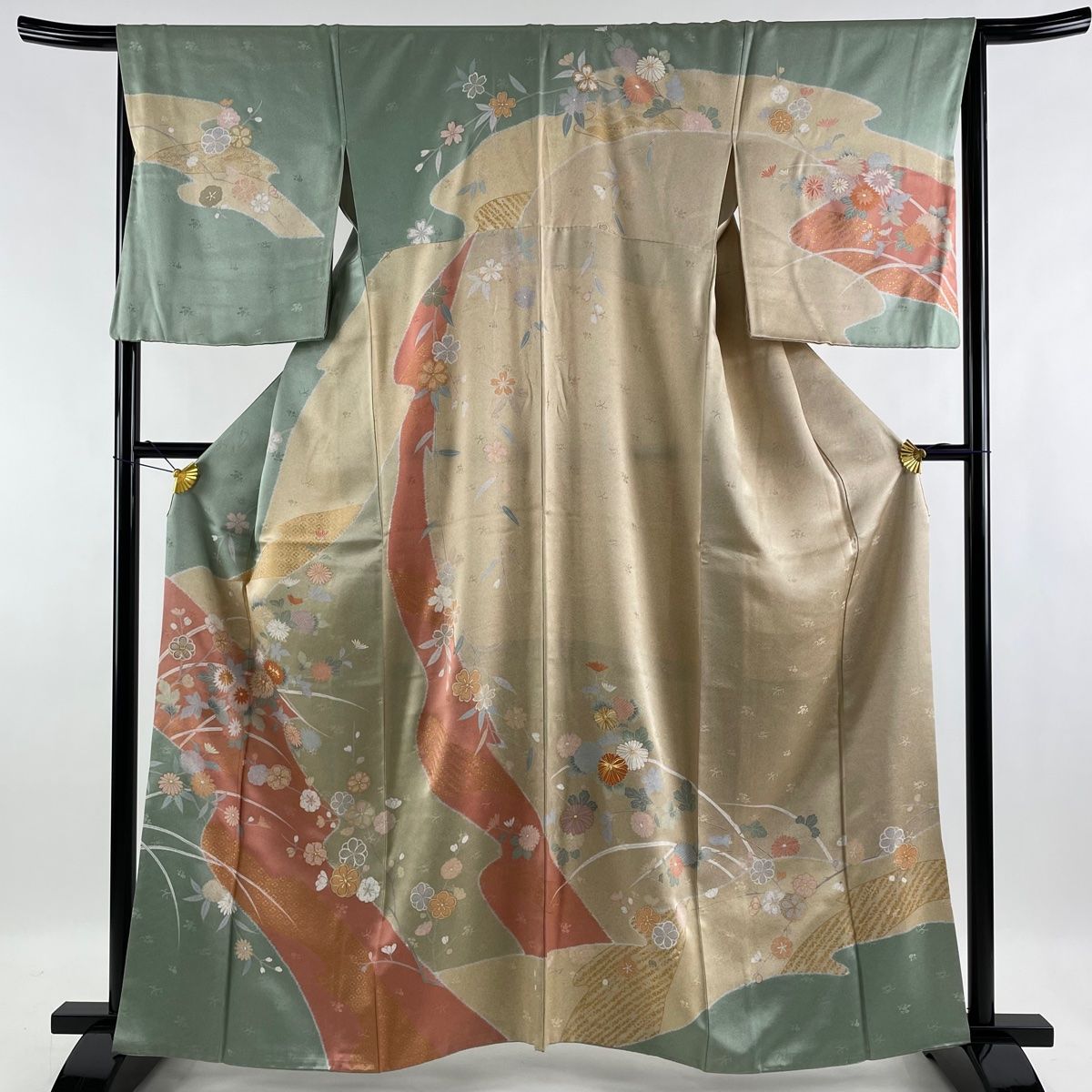 ファーストセール 訪問着 名品 菊 梅 金糸 金彩 薄緑 袷 身丈162cm 裄