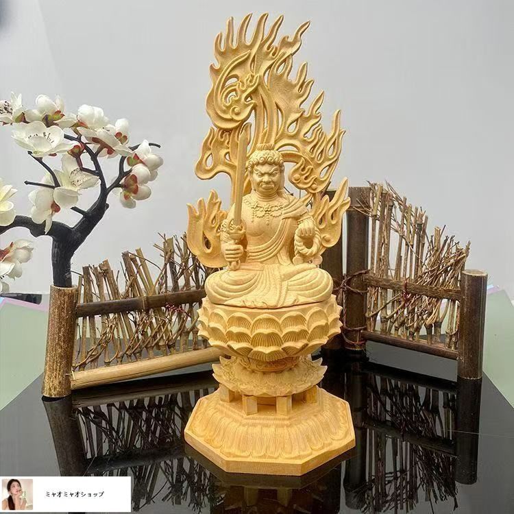 新品未使用】木彫仏像 不動明王 不動明王像 檜木 高約28cm 精密