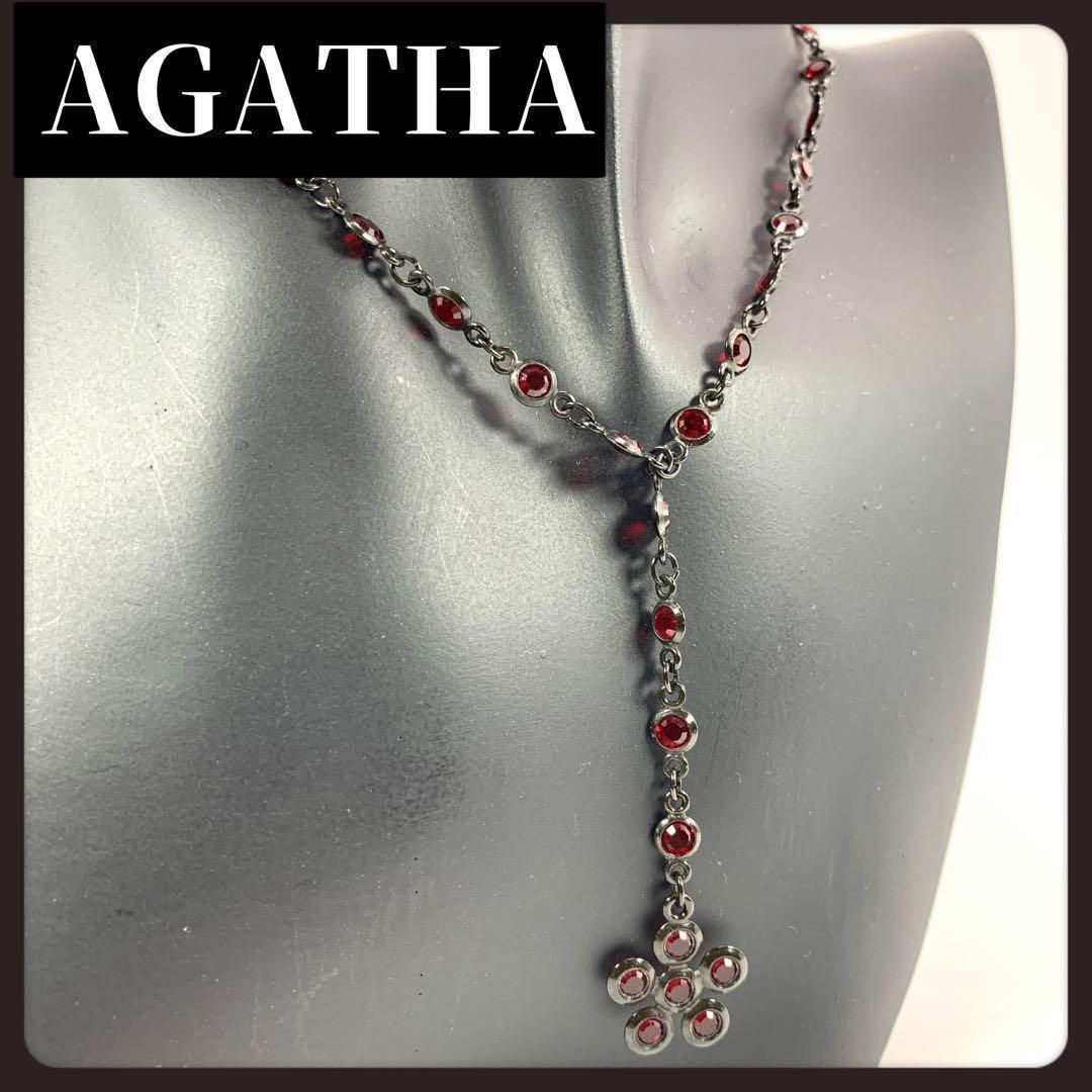 AGATHA アガタ ロング ネックレス ブラック レッド フラワーモチーフ 