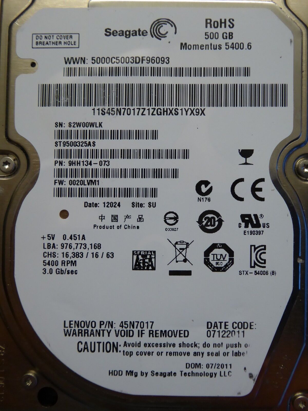 シーゲイト ST9500325AS | S2W |品番: 9HH134-073 | FW: 0020LVM1 |スー | 500GB #53