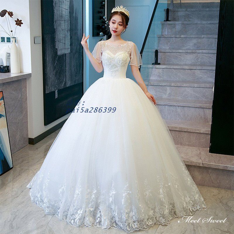 ウェディングドレス ロングドレス プリンセスラインドレス 半袖 二次会 結婚式 挙式 チュール ベルスリーブ ブライダル 花嫁 前撮り ウエディングドレス pai5a286399