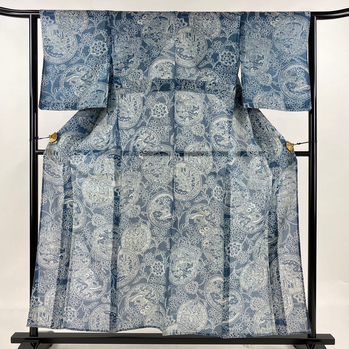 小紋 身丈155cm 裄丈62cm S 薄物 花鳥 丸文 藍色 正絹 名品