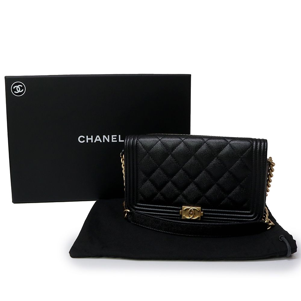 シャネル ボーイシャネル キャビアスキン ケース ブラック ゴールド