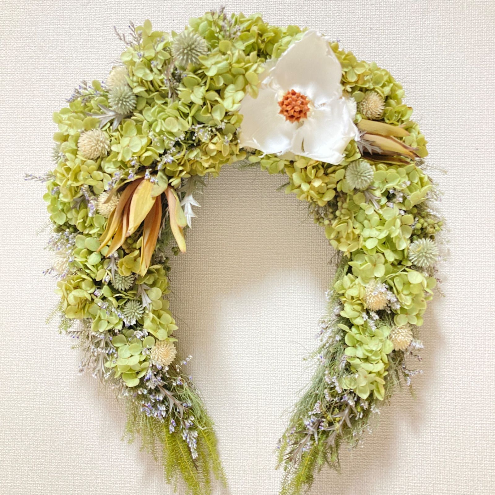 幸せを運ぶアナベル馬蹄リース パームフラワー - メルカリ