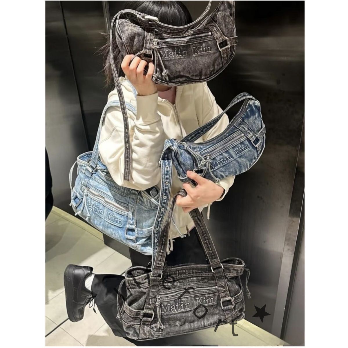 韓国 Matin Kim マーティンキム LOGO WASHED DENIM DUFFEL BAG
