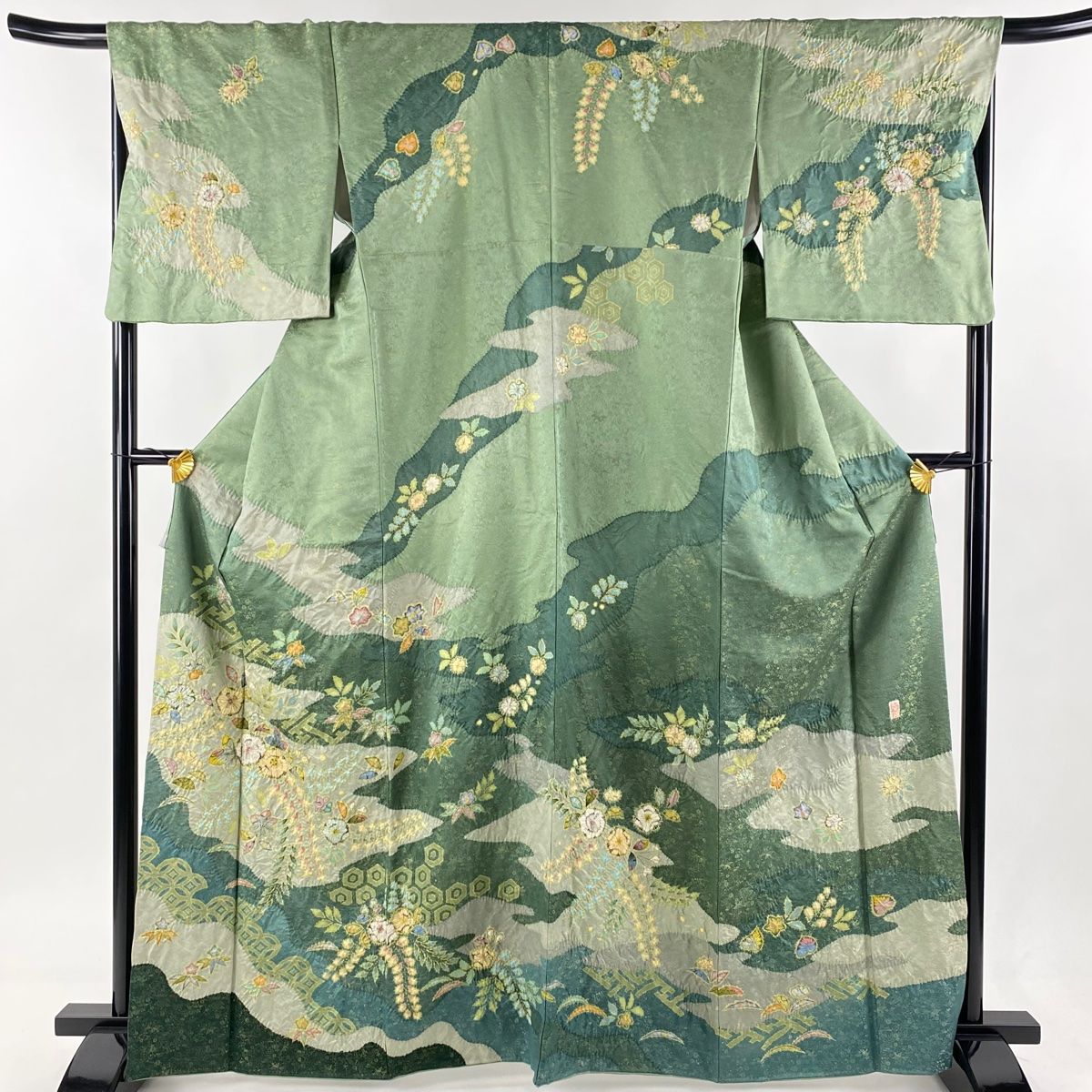 訪問着 身丈165.5cm 裄丈68cm L 袷 翠山工房 落款 辻が花 霞 金通し 灰  