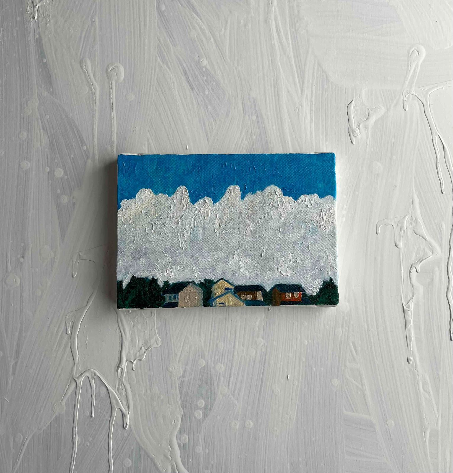 16×23㎝「民家と巨大雲の在る風景 20253-1」油彩・原画・サムホール 