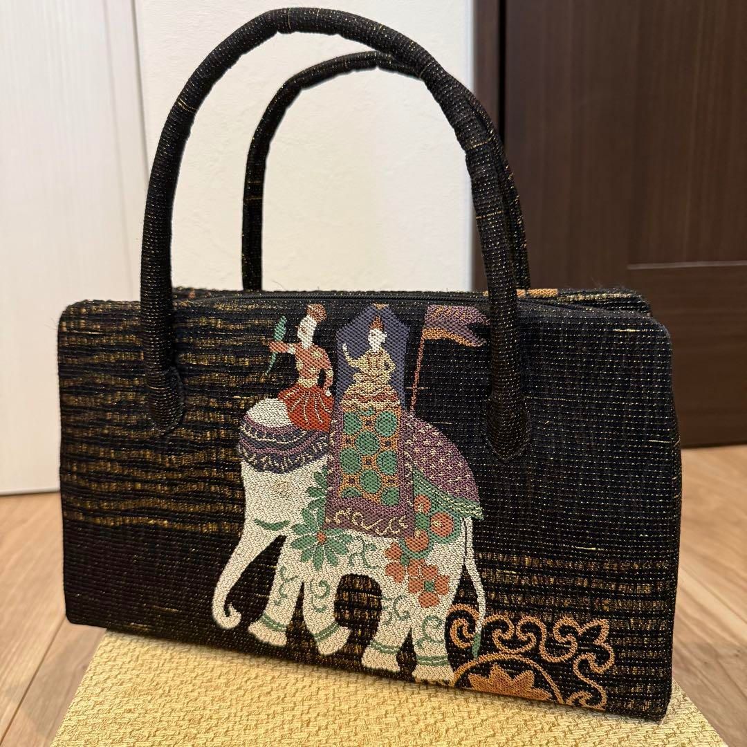 ♥品 利休バッグ 着物 訪問着 帯地 正絹 個性的 和装バック 小物 黒 象