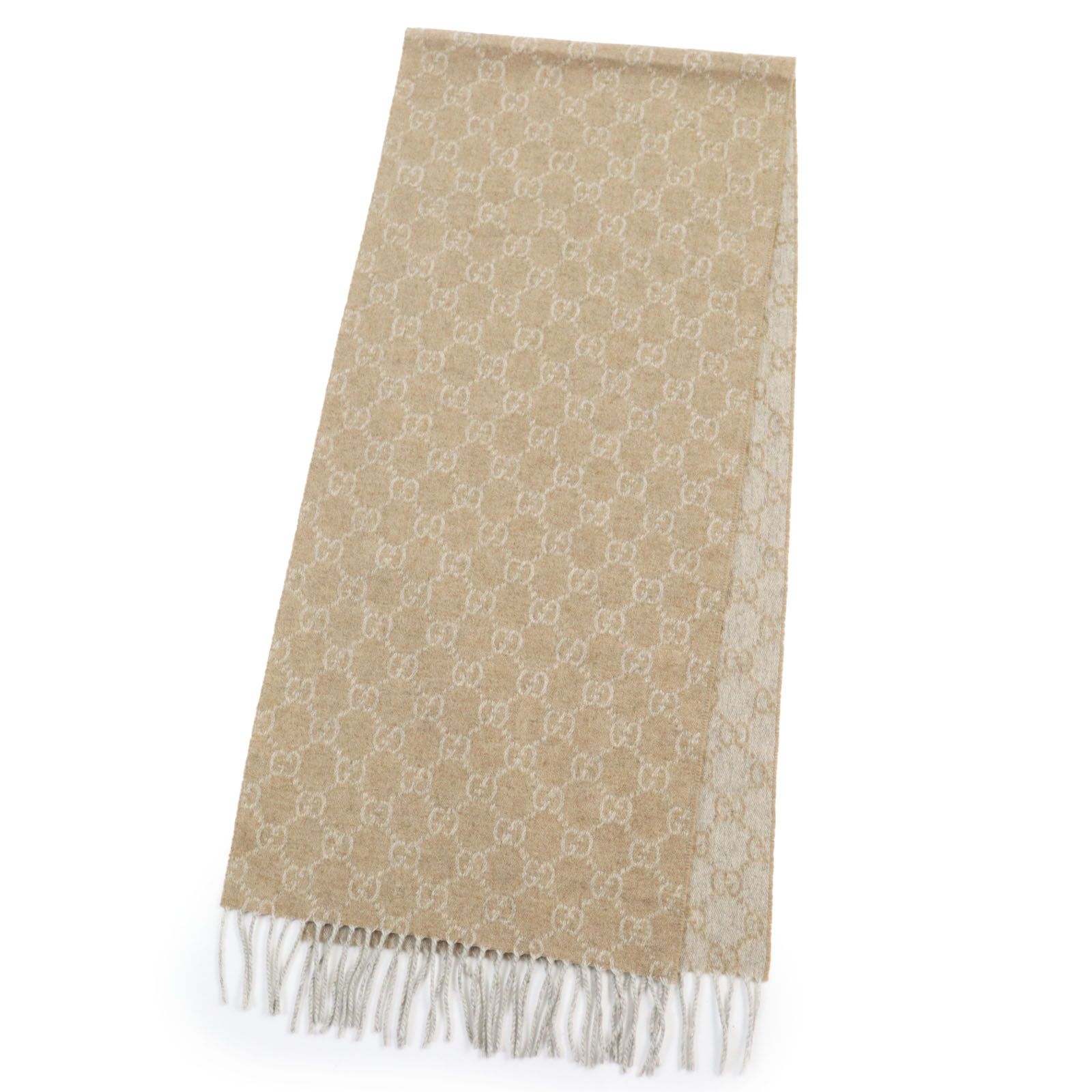 極美品○GUCCI グッチ カシミヤ100％ GGジャガード フリンジ ストール 