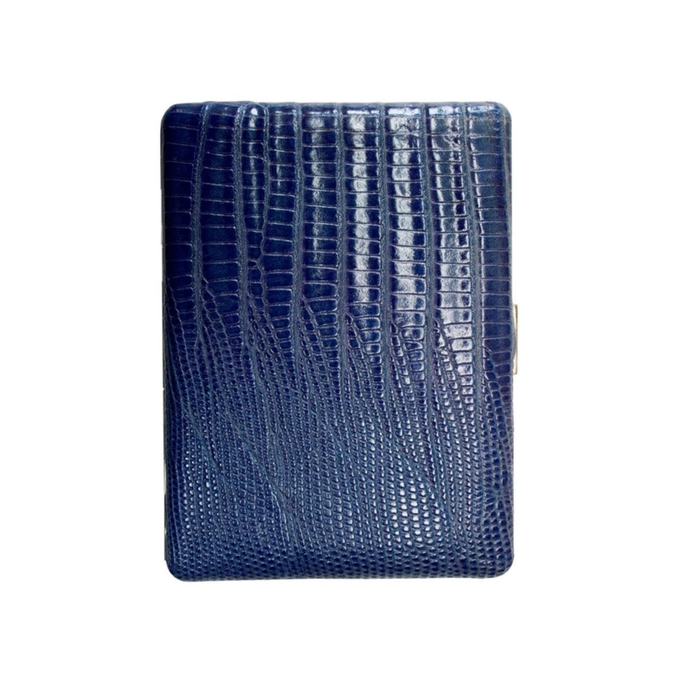 送料無料 坪田パール タバコ ケース ハンドメイド クルミ革巻き ロングサイズ 100mm 9本収納|レギュラー 70mm 12本収納 日本製 リザード型押しレザー ブルー 1-04480-30