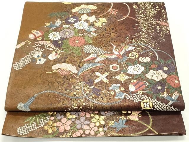 平和屋着物●六通柄袋帯　唐織　宝尽くし花筏　金糸　正絹　逸品　DAAV9397ob 平和屋着物○六通柄袋帯 唐織 宝尽くし花筏 金糸 正絹 逸品 DAAV9397ob