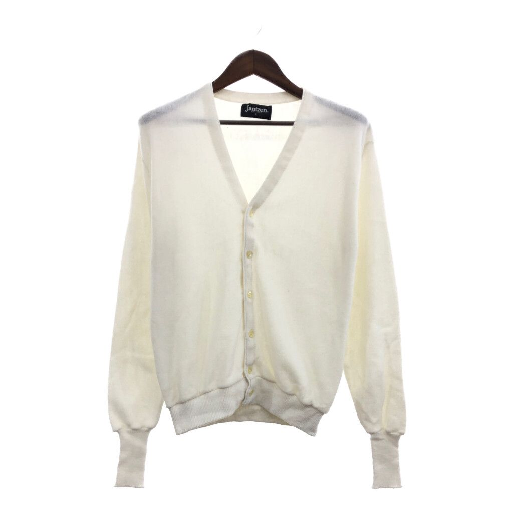 80年代 USA製 Jantzen ジャンセン アクリル ニット Vネック カーディガン ホワイト (メンズ L) 中古 古着 Q0654