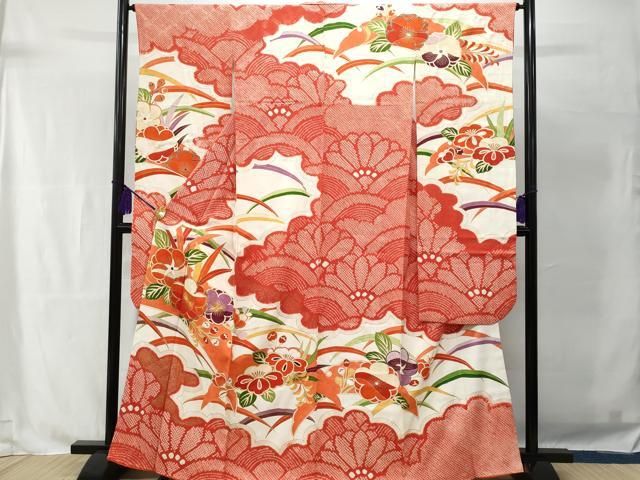 振袖フルセット6点サイズM〜Lサイズ駒刺繍 御所車花鳥文 暈し染め