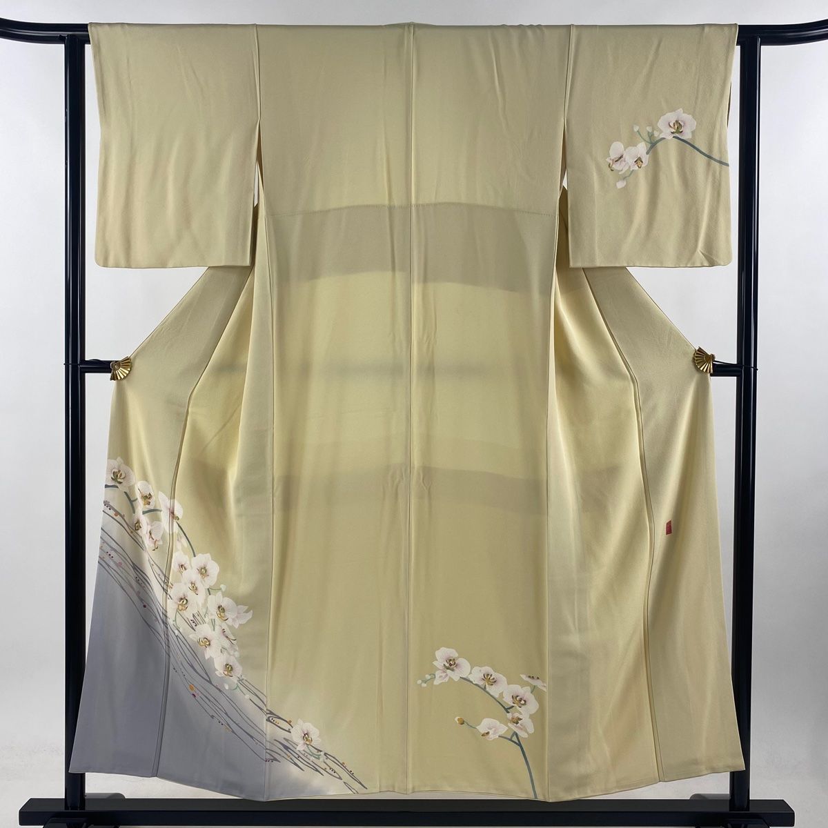 付下げ 身丈151.5cm 裄丈62.5cm S 袷 加賀友禅 証紙 胡蝶蘭 染め分け ぼかし 薄黄 正絹