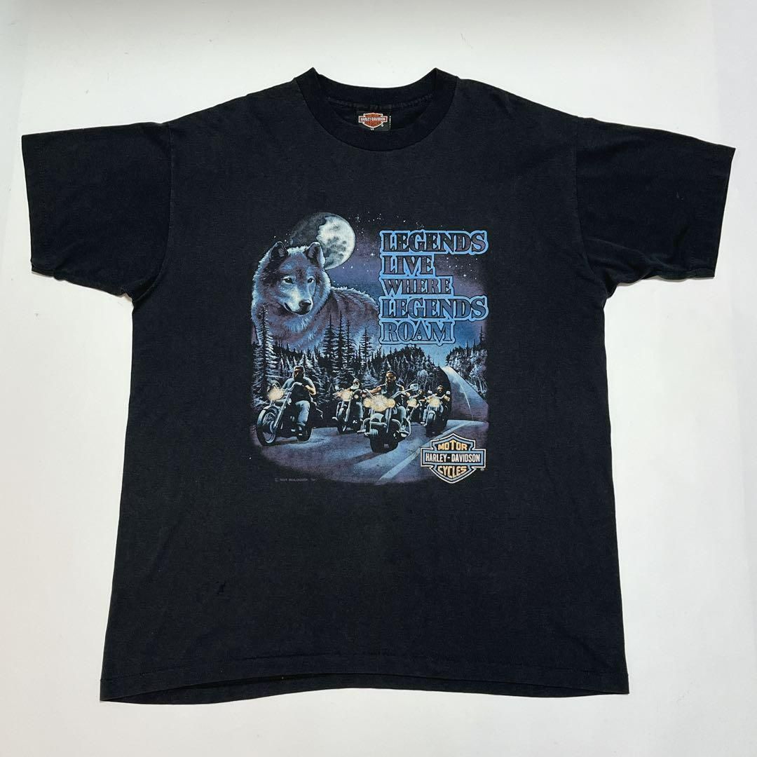 90s ハーレーダビッドソンUSA製 ビンテージTシャツ XL 黒 狼 6778