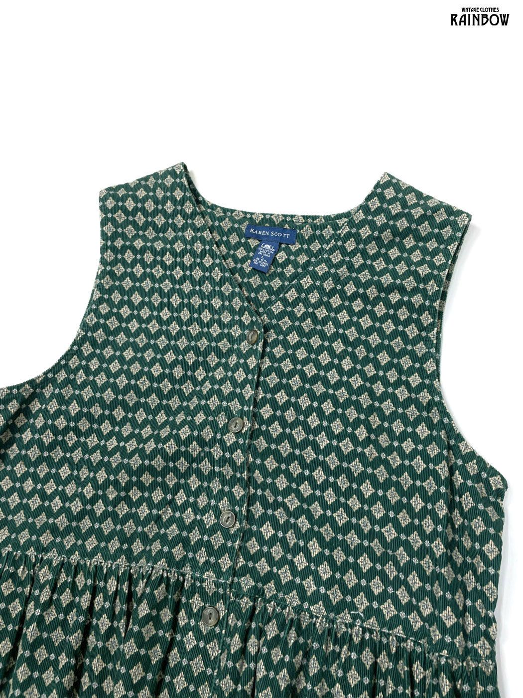 古着 KAREN SCOTT 前開き 総柄 コットン100% コーデュロイ ロング丈 ノースリーブ ワンピース 緑 otu2510004