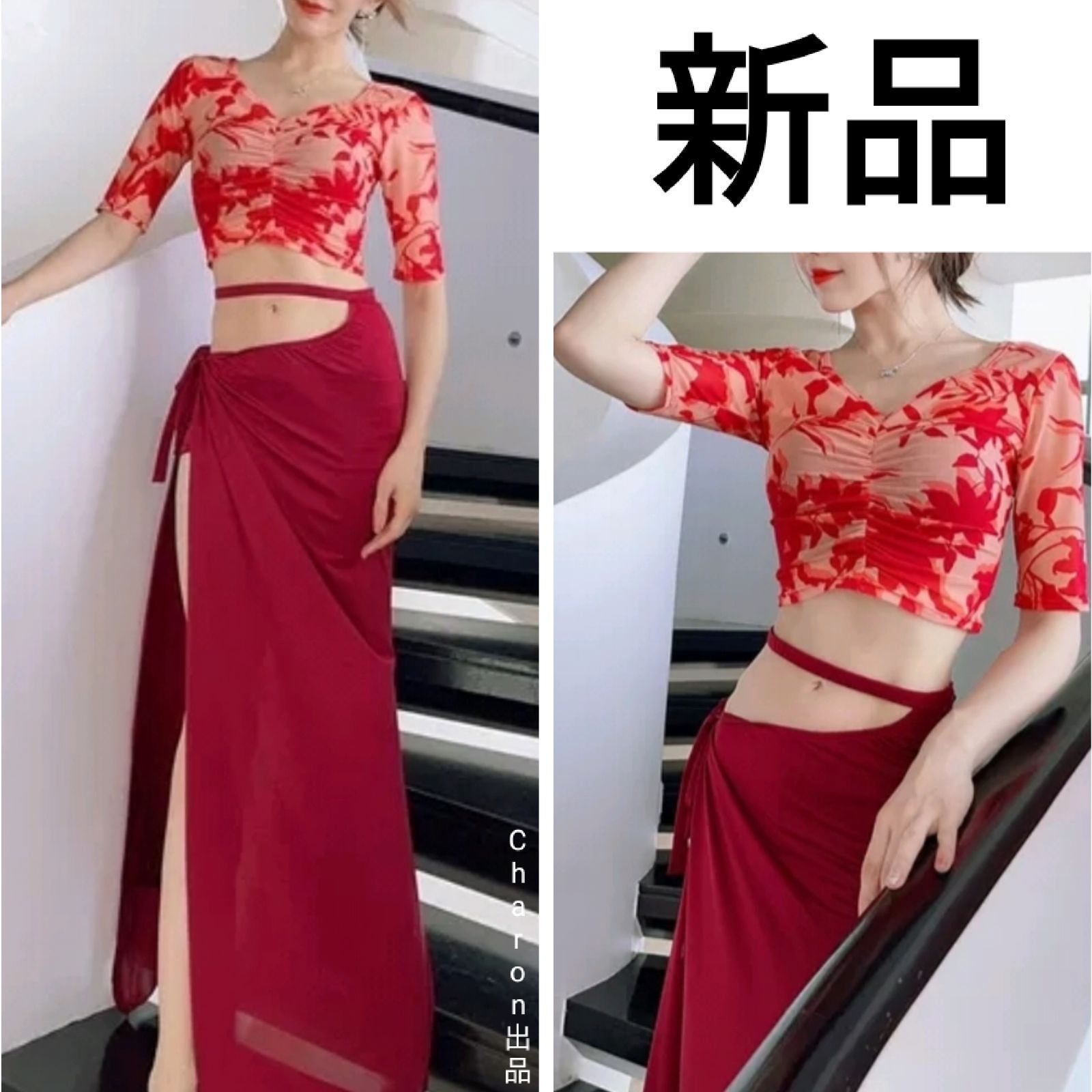 ☆新品☆ベリーダンス衣装レッスン着ウェアセットアップ練習着 花柄