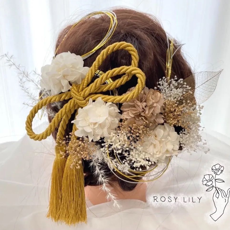 ドライフラワー ローズ 髪飾り♦︎ 結婚式 成人式 前撮り 水引 かすみ草 紫陽花
