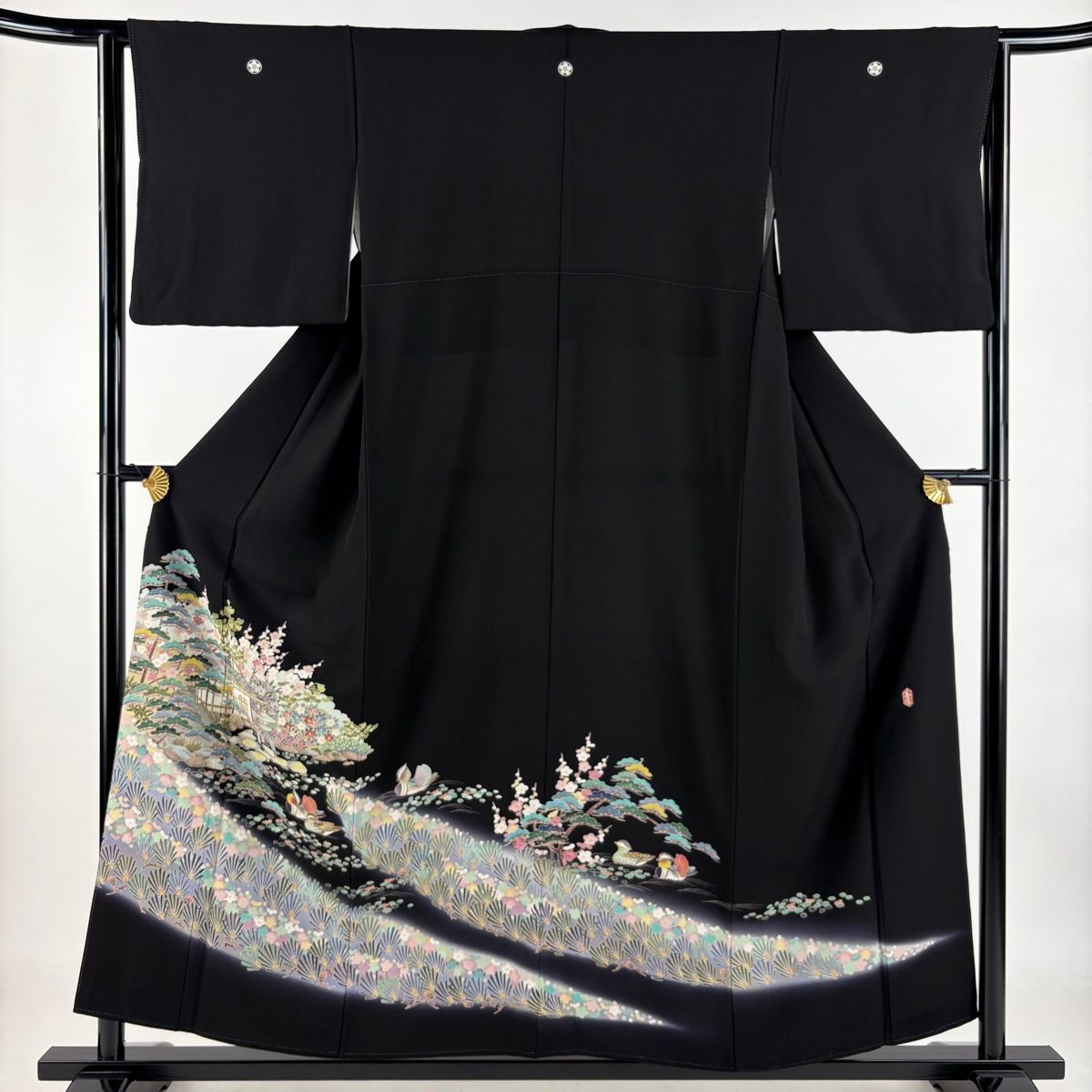黒留袖 身丈155.5cm 裄丈62cm S 袷 落款 鴛鴦 枝梅 黒 正絹 秀品