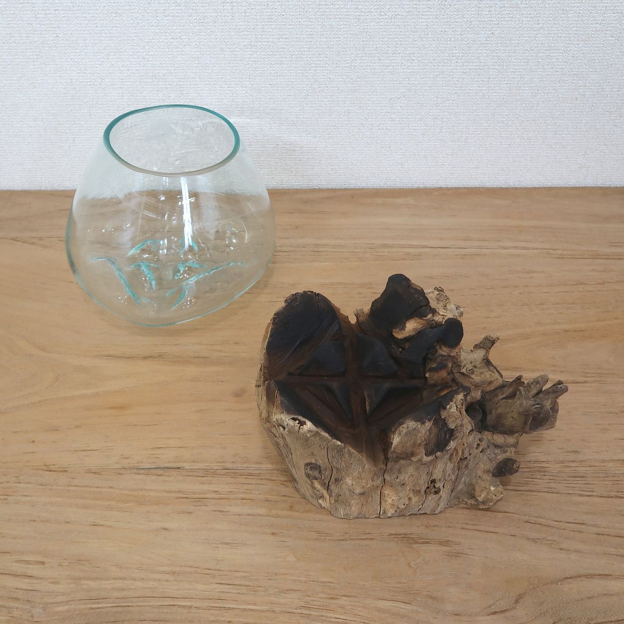 フラワーベース 花瓶（流木 石 吹きガラス） 溶けたガラス＆天然木 の花瓶 フラワーベース Mサイズ 流木風