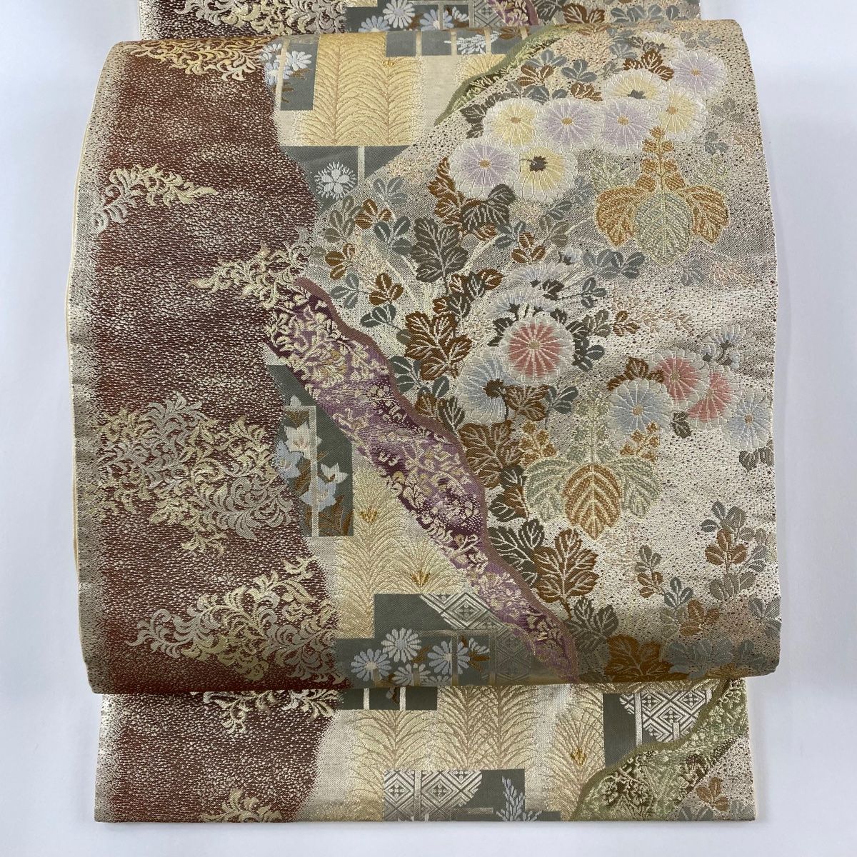 袋帯 美品 秀品 菊 源氏香 箔 金糸 ベージュ 六通 正絹 【中古 