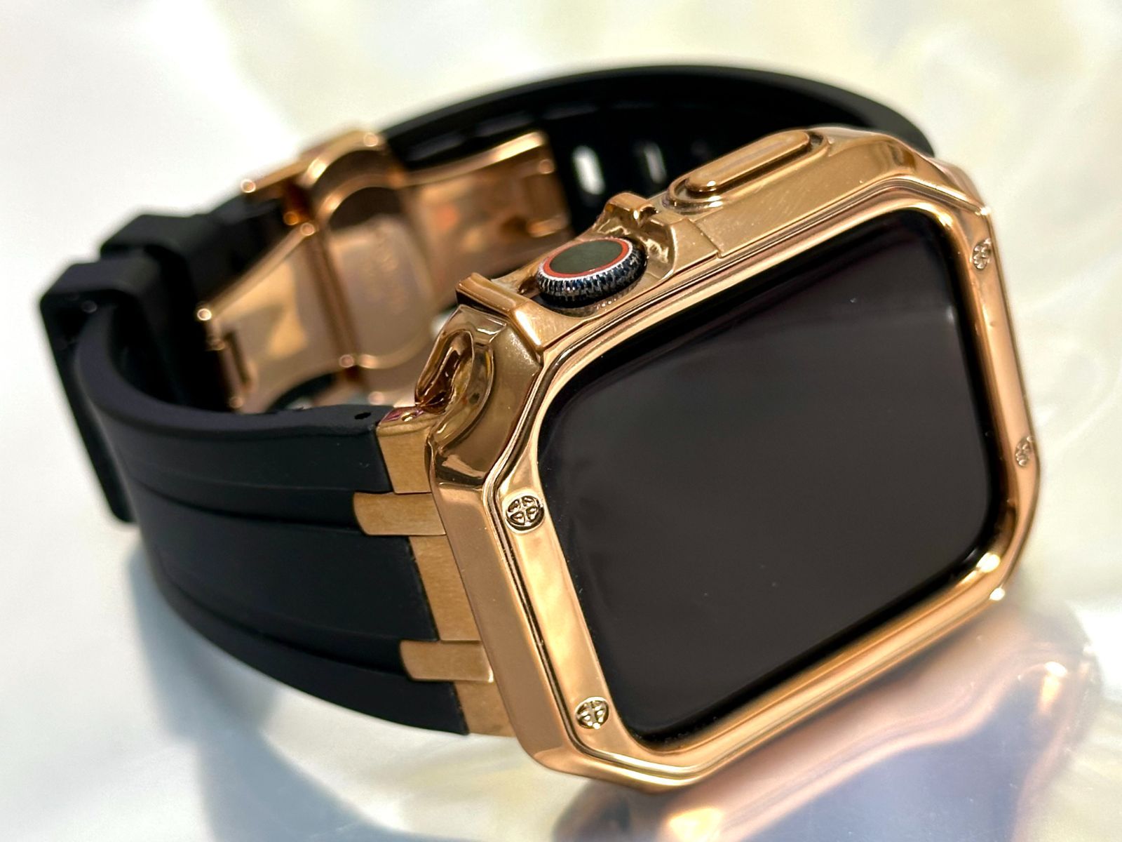 シームレス ブラック-ローズゴールド アップルウォッチ 316Lステンレス ラバーベルト Apple Watch 厚ケース カバー series1〜9 38mm 40mm 41mm 42mm 44mm 45mm Apple Watch バンド