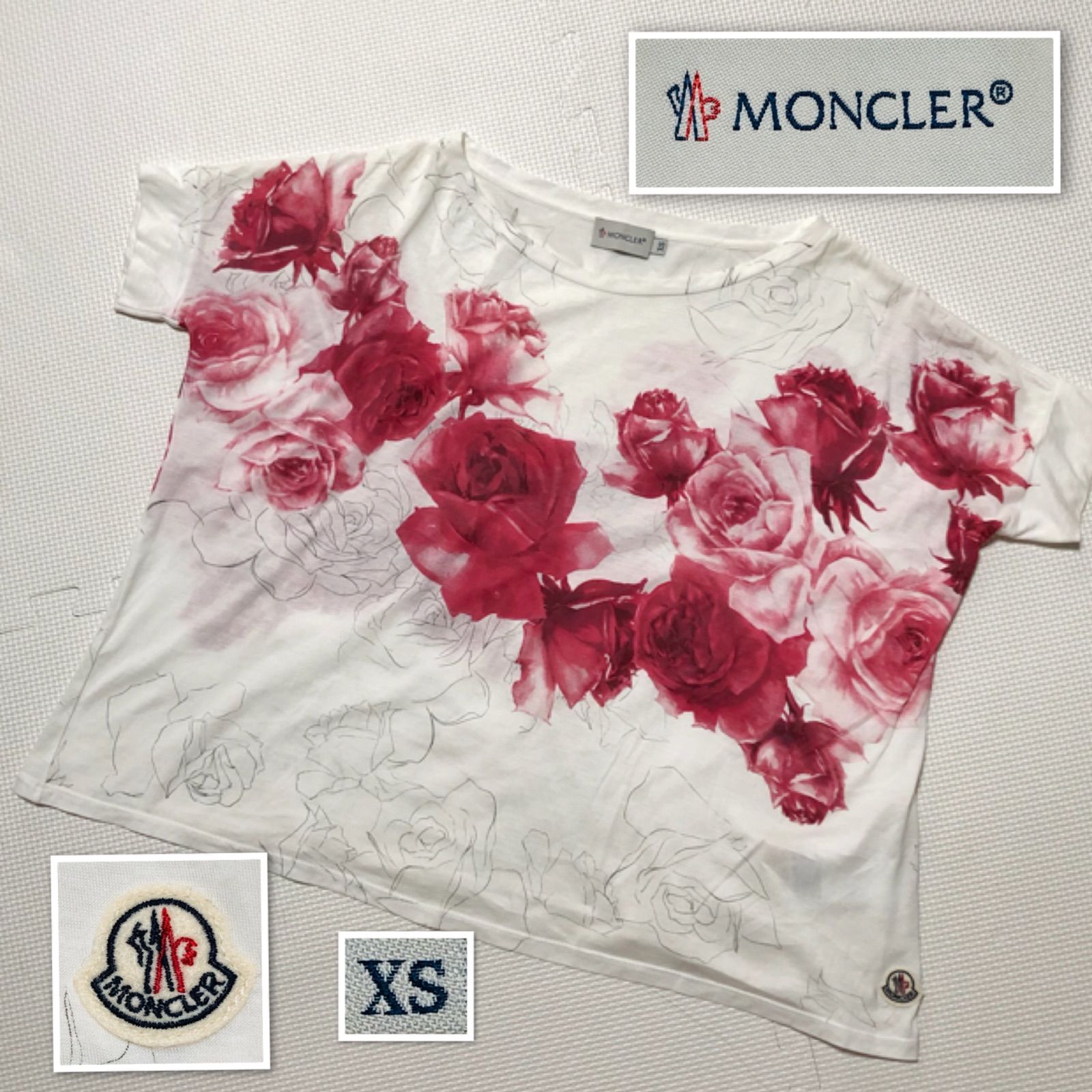 □極美品□MONCLER モンクレール ロゴワッペン フラワープリントTシャツ 半袖カットソー ローズ バラ 総柄 sizeXS イタリア製  アイボリー×ローズピンク ワイドシルエット ショート丈 レディース - メルカリ