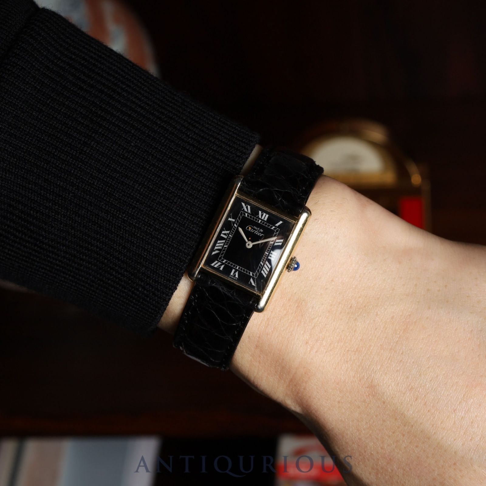 カルティエ マストタンク LM 手巻き SV 925 革 尾錠 GP ブラックローマン文字盤 オーバーホール済み