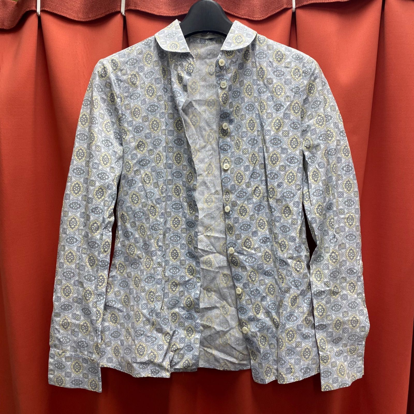 PRADA プラダ シャツ 長袖 ボタンダウン 総柄 ライトブルー系 イタリア製 38