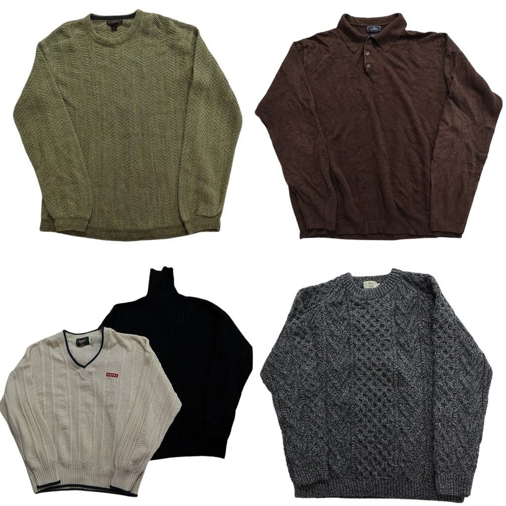 古着卸 まとめ売り 混紡素材 無地 セーター 5枚セット (メンズ 2XL ) ニットポロ ケーブル編み タートルネック Ｖネック 中古 古着 MY3559