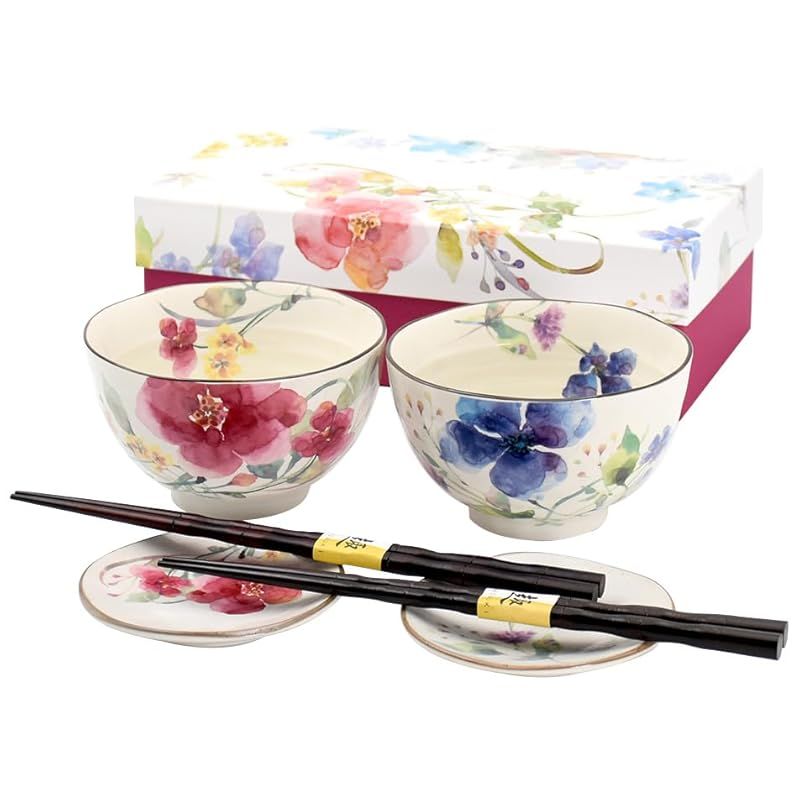 セラミック藍 花水彩 ペア飯碗小皿セット シュウメイ菊/クレマチス サイズ：約W21.5 D9.8 H10.21 0