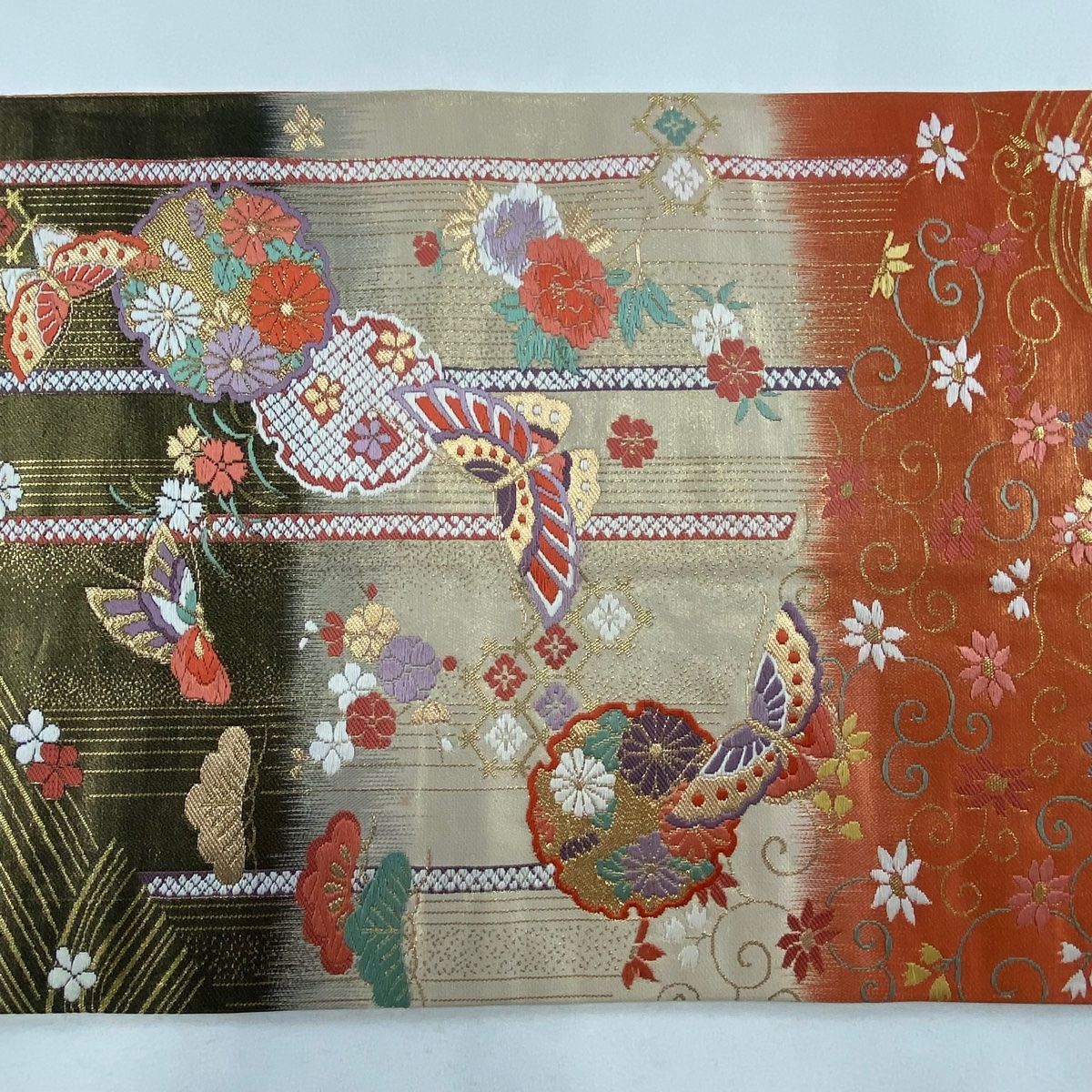 ⑥⑥⑤ 夏帯 雪輪　しば草 六通 袋帯 正絹 金糸 袋帯 秀品 蝶 雪輪 金糸 箔 ベージュ 六通 正絹 【中古】 - メルカリ