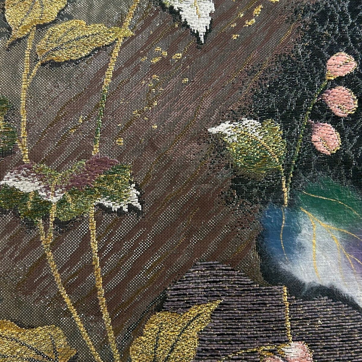 袋帯 美品 秀品 やまと 草花 刺繍 金銀糸 深緑 六通 正絹 【中古