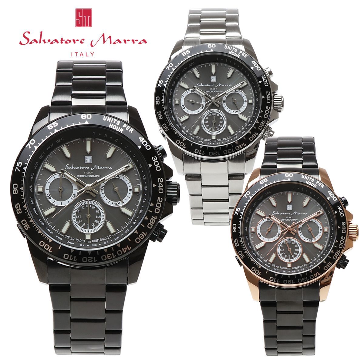 メンズ Salvatore Marra ソーラー電波時計 クロノグラフ