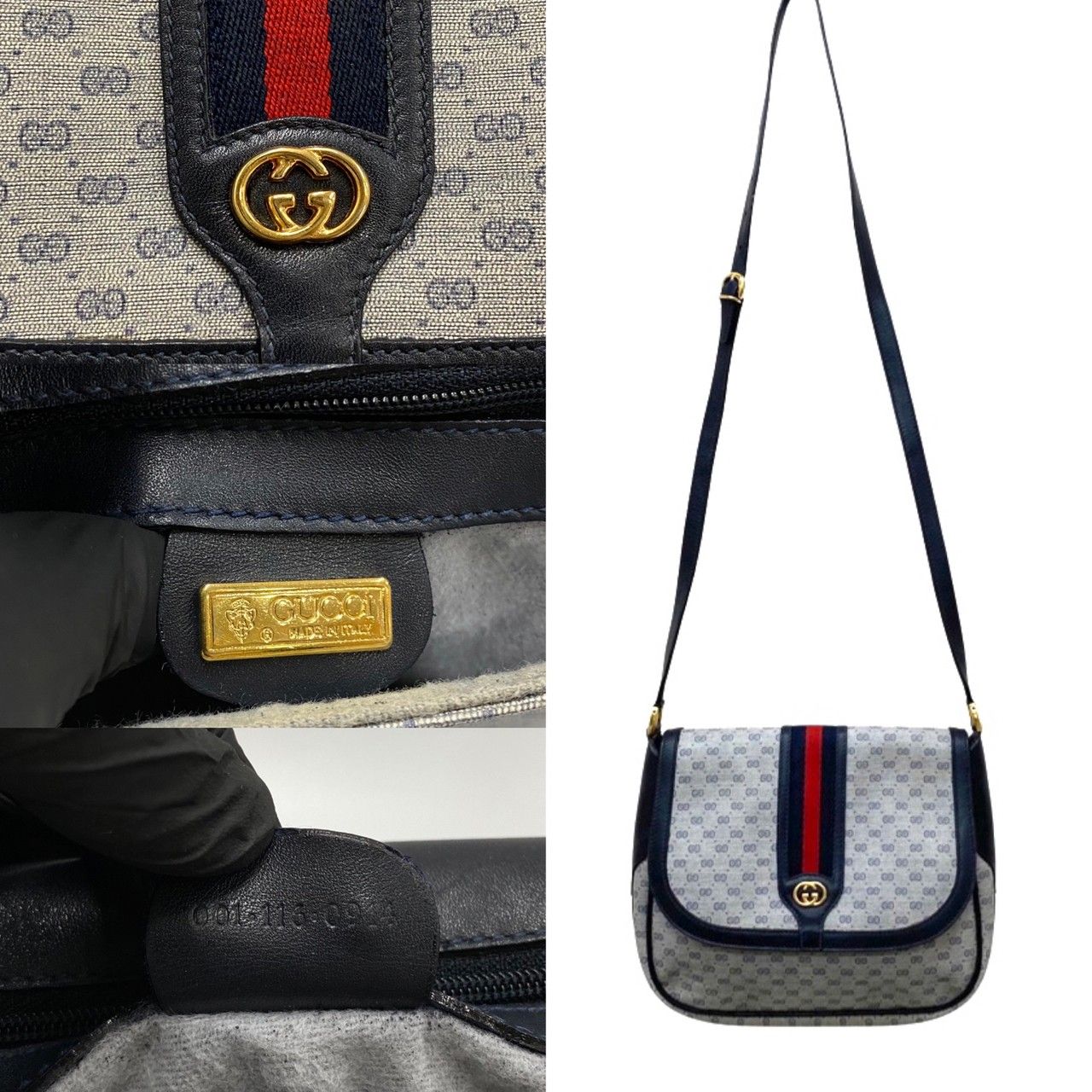 極 美品 GUCCI グッチ オールドグッチ ヴィンテージ シェリーライン マイクロ GG 金具 レザー 本革 ショルダーバッグ ネイビー 68761  - メルカリ