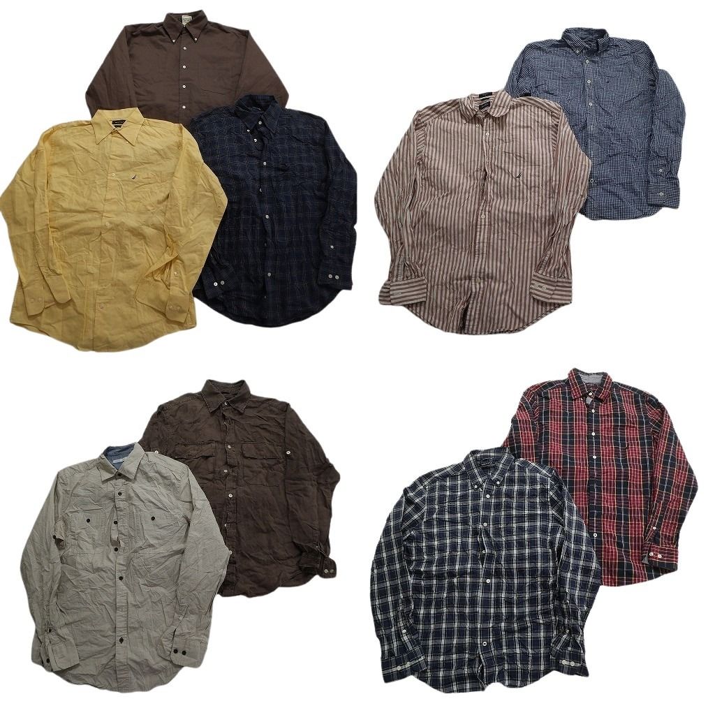 古着卸 まとめ売り ノーティカ 長袖シャツ 9枚セット (メンズ S /M ) 無地 チェック ダブルフラップ ストライプ 中古 古着 MY0365