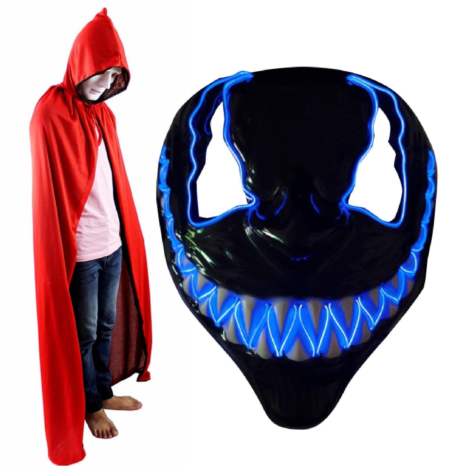 [CAWKAY] LED光る仮面 マント セット 仮装 ハロウィン コスプレ LEDマスク 怖いマスク ホラーマスク リバーシブル イベント用 (ブルー) [ブルー]