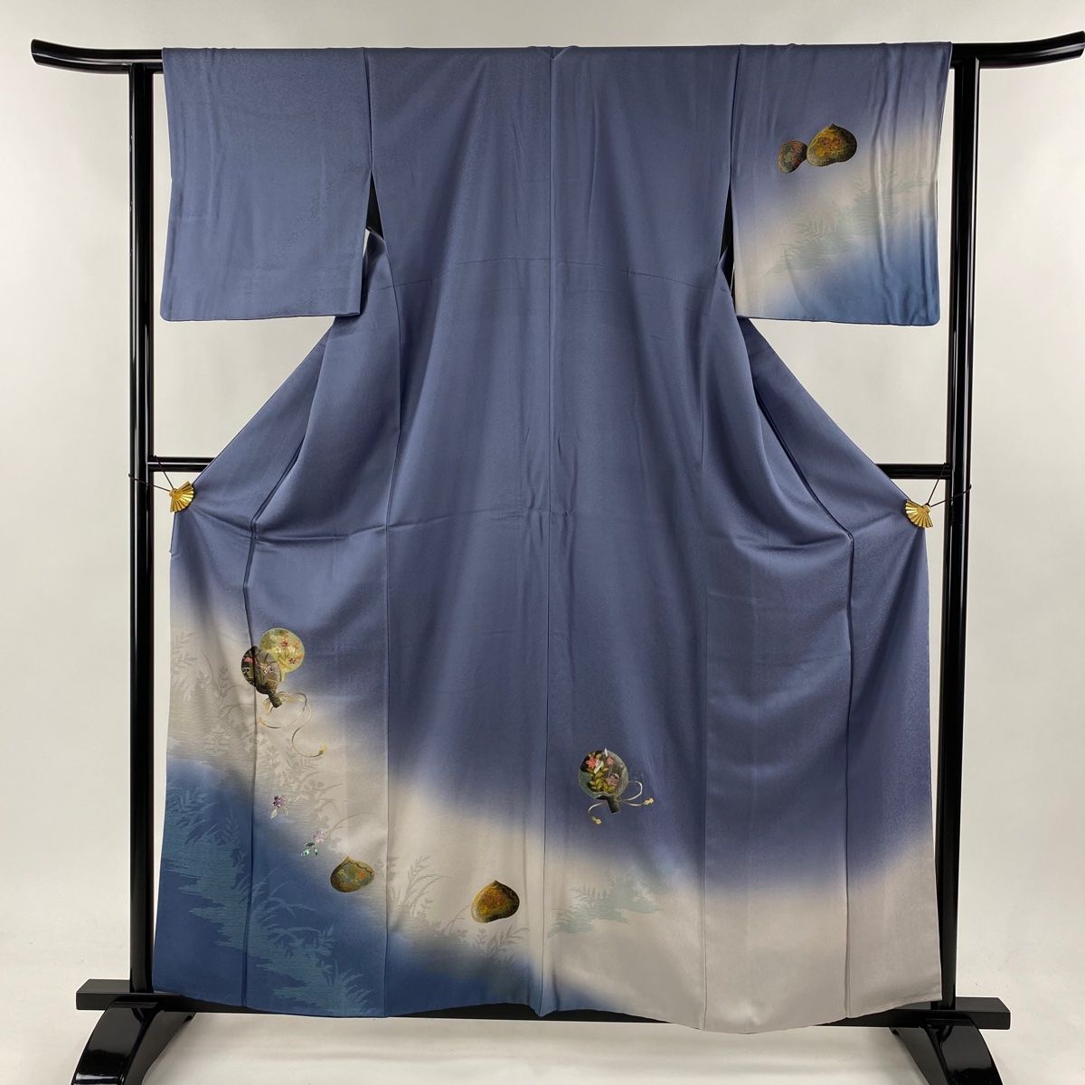 付下げ 身丈150.5cm 裄丈61cm S 袷 鏡 草花 螺鈿 金銀彩 青灰色 正絹  