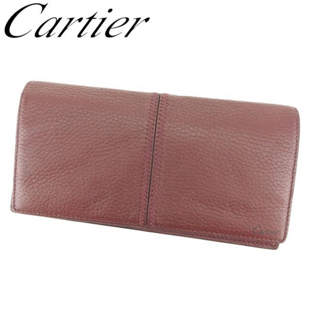 カルティエ　長財布　ラウンドファスナー　ロゴ　ステッチ　シボ革　ボルドー　極美品 カルティエ 長財布 ラウンドファスナー ロゴ ステッチ シボ革 ボルドー