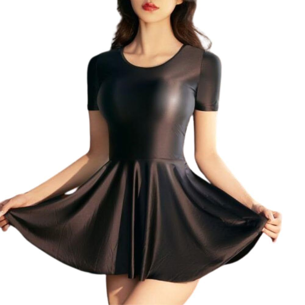 MORASTYLE バレエ 半袖 ダンス スカート 光沢 コスプレ ドレス セクシー レディース ブラック XL サイズ レオタード 社交 衣装 舞台 伸縮性 レースクイーン パーティー (ブラック， XL) [ブラック] 