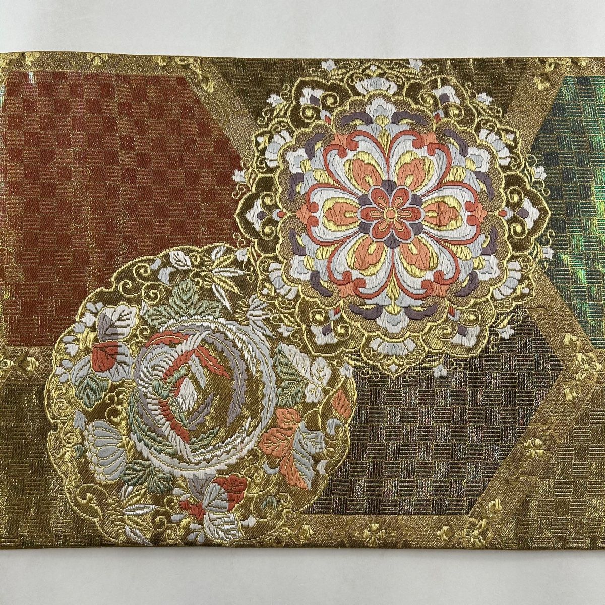 袋帯 秀品 振袖向き 華文 取り 箔 金銀糸 金色 六通 正絹 【中古 袋帯 秀品 振袖向き 華文 取り 箔 金銀糸 金色 六通 正絹 【中古