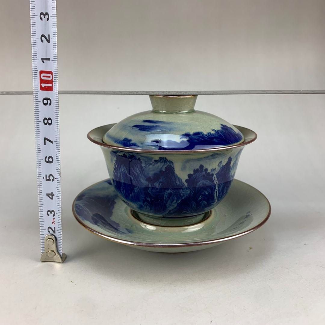 中国茶器 景徳鎮 陶磁鯖山水蓋碗 茶碗 煎茶器 茶道具 新品未使用