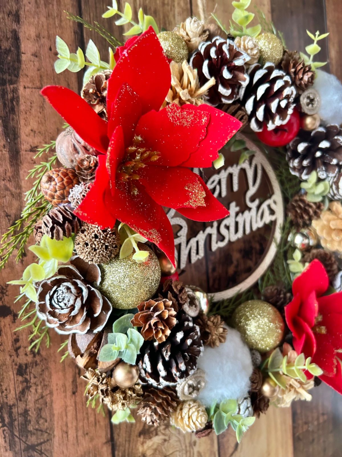 6-163 大きめリース 早割クリスマスリース ポインセチア 木の実の