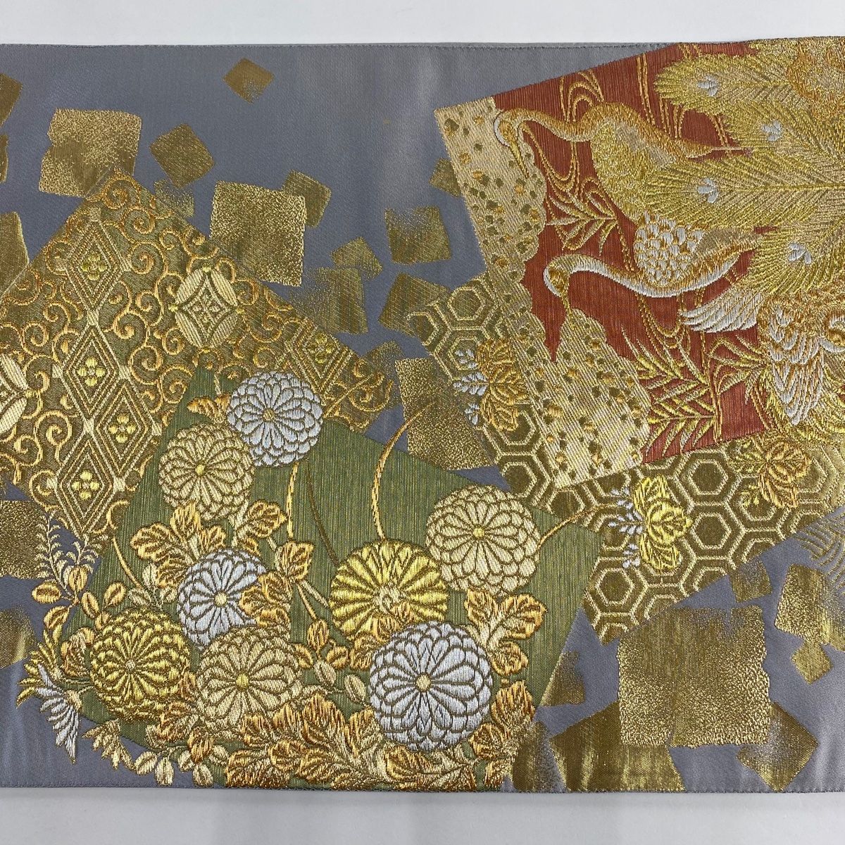 袋帯 名品 じゅらく 落款 証紙 あけぼの繭 色紙 花鳥 金銀糸 箔